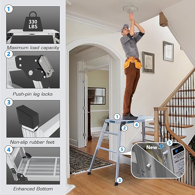 Adjustable Work Platform, 39.4" X 18.5" Portable Folding Aluminum Step Ladder, Scaffolding of Capacity 330 LBS Heavy Duty, 7 Gear Height 24 “-35” (Adjustable, Meet ANSI Standard, SGS-Certified)