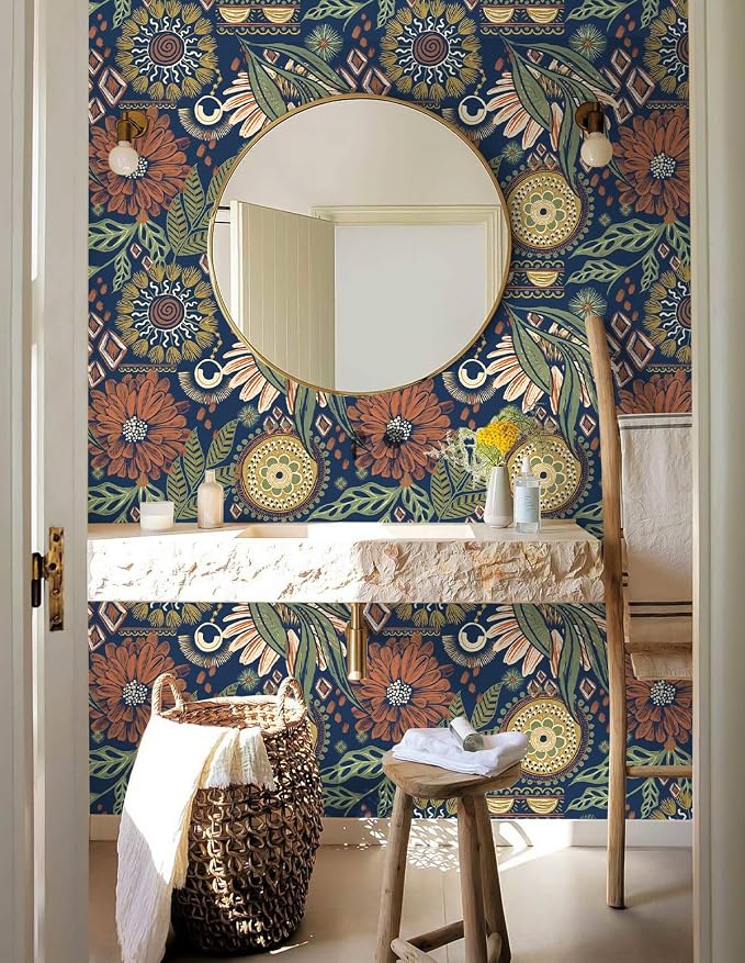 HAOKHOME Peel and Stick Wallpaper Boho Retro Floral Wall Paper Navy Orange Oliva for Bedroom Kitchen Accent Wall 17.3in x 9.8ft
