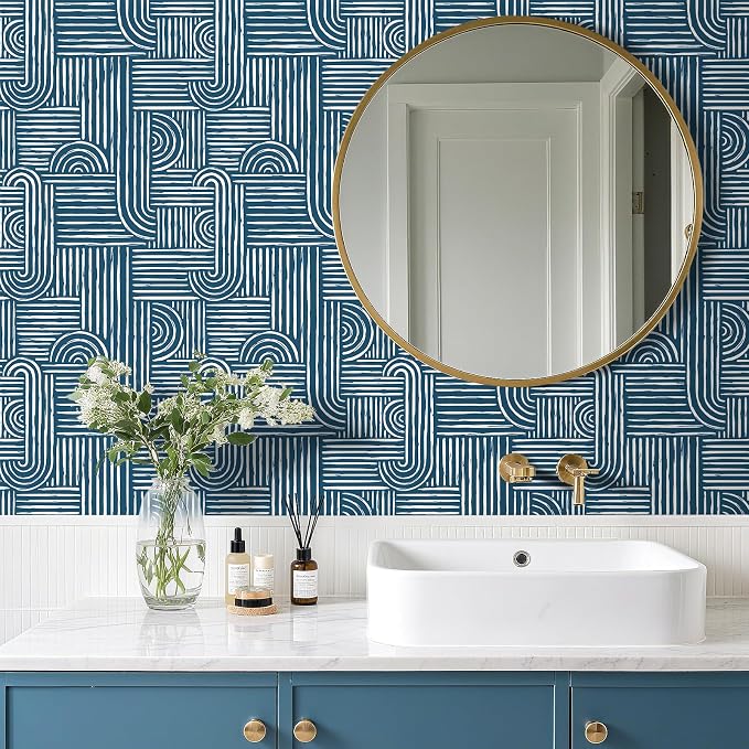 Livelynine Blue Peel and Stick Wallpaper Geometric Modern Abstract Dark Blue and White Vinyl Removable Navy Accent Wallpaper Mid Century Geometric Contact Paper for Drawers Cabinet Bathroom 17.5x78.8