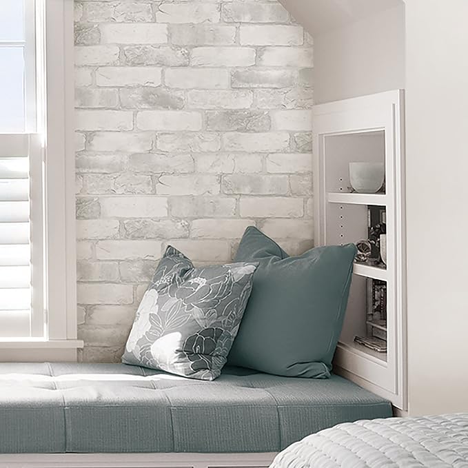 NuWallpaper Loft Brick Peel and Stick Wallpaper, White and Off-White, Textured Removable Wallpaper, 20.5 in x 18 ft