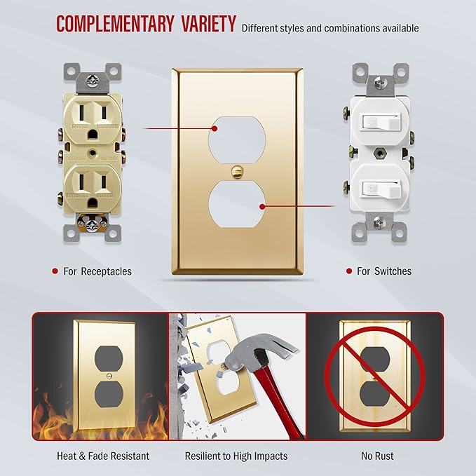 ENERLITES Duplex Receptacle Metal Wall Plate, Stainless Steel Outlet Cover, Corrosion Resistant, Mid-Size 1-Gang 4.88" x 3.11", Stainless Steel 201, 7721M-PB, Polished Brass