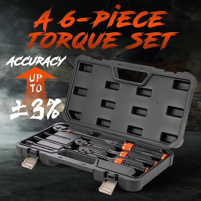 6PCS Torque Wrench Set, 1/4" 3/8" 1/2" Drive Click Torque Wrenches (20-240 in.lb, 5-45 ft.lb, 10-180 ft.lb) ±3% Accuracy, 72-Tooth Dual-Direction Dual-Scale for Bike, Motorcycle, Car Repair