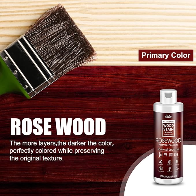 Water Based Wood Stain - Rosewood | Wood Varnish for Indoor ＆ Outdoor Furniture, Wardrobe, Cabinets, Doors, Low Odor ＆ Non-Toxic, Fast Drying, Multiple Classical Finishes - 8.5fl.oz / 250ml
