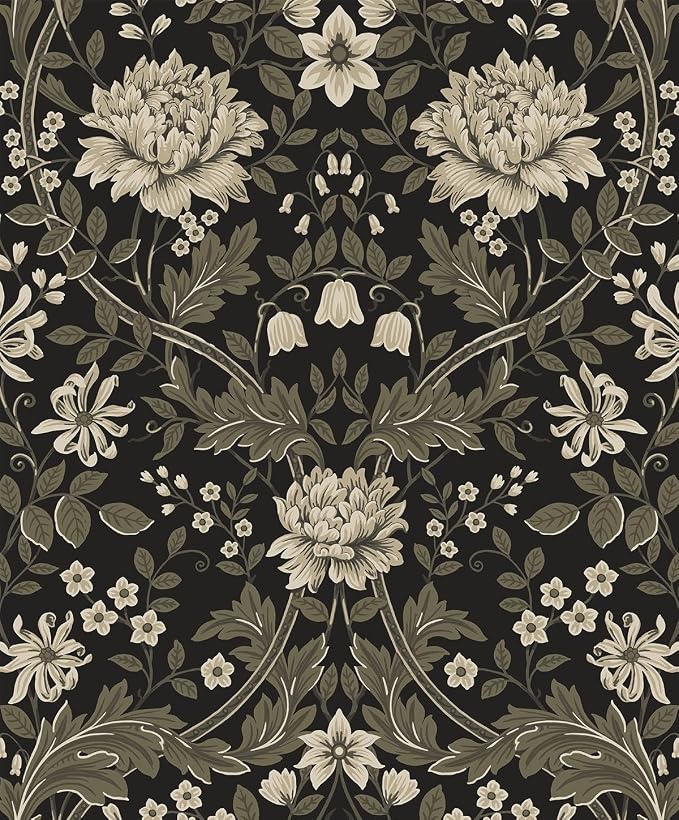 NextWall Honeysuckle Trail Floral Vintage Peel and Stick Wallpaper (Ebony & Pavestone)
