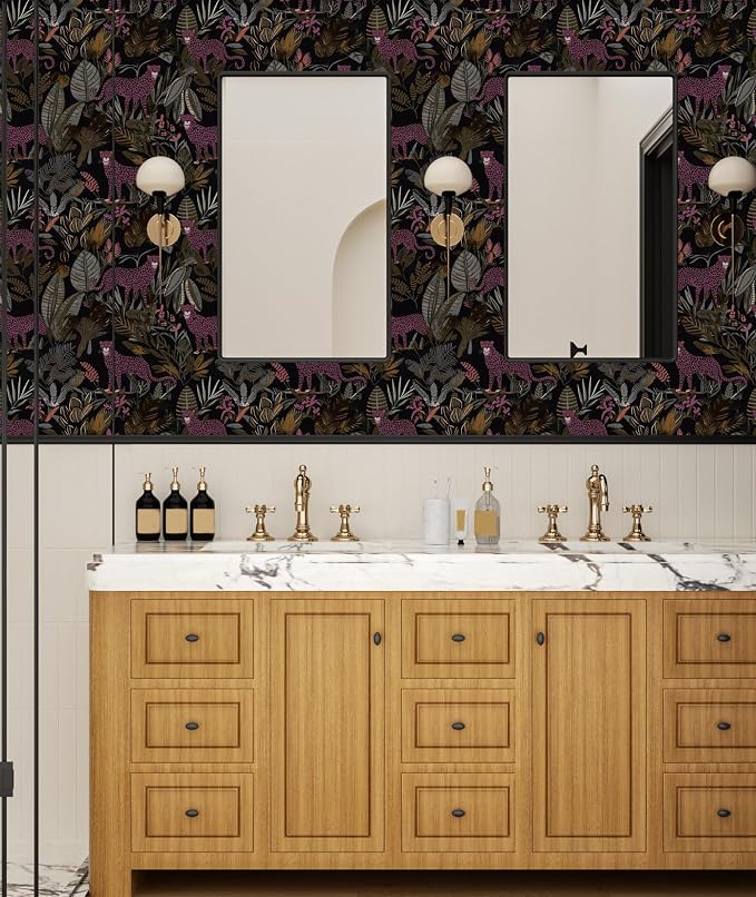 Dark Pink Vintage Leopard Peel and Stick Wallpaper 17.5" x 787" | Waterproof Vinyl Self Adhesive Removable Renter Friendly Floral Contact Paper