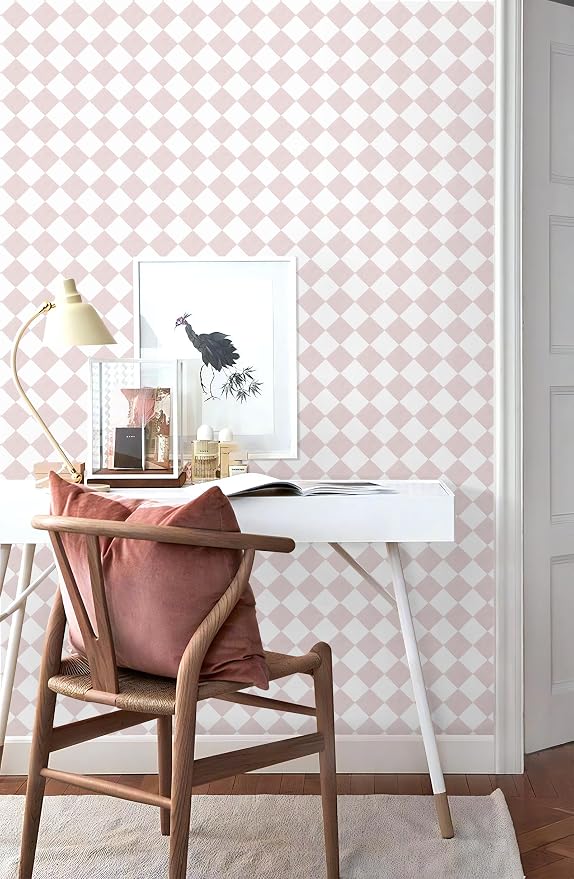 Safiyya 196"x 17.3" Pink and White Checkered Wallpaper Geometric Funky Peel and Stick Wallpaper Self Adhesive Removable Contact Paper Pink Check Wall Paper for Bedroom