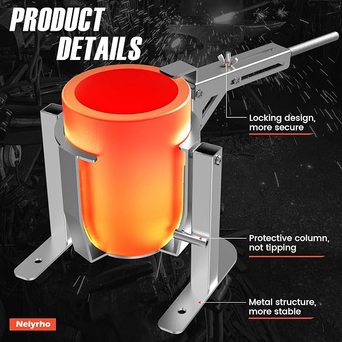 Nelyrho Handheld Crucible Pouring Tongs with Crucible #5 (7kg-15lbs) | Includes pouring rack and graphite crucible, designed for use with melting furnaces, casting gold, silver, aluminium, brass