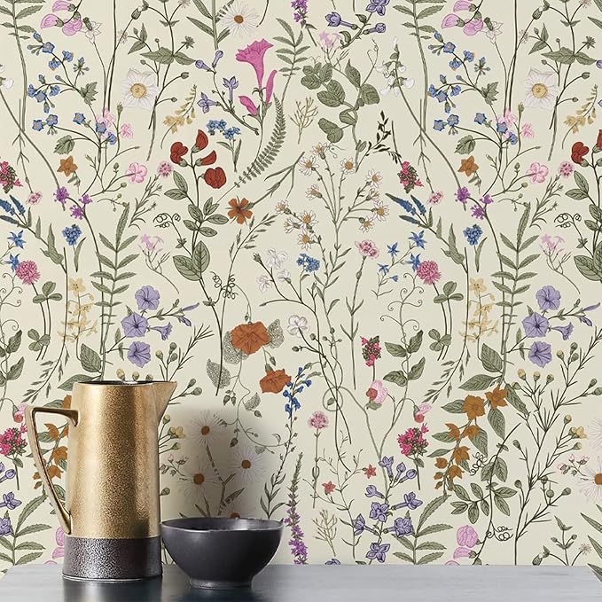 Wallpaper Self-Adhesive Blooming Vintage Colourful Flowers Wall Paper for Bedroom Living Room Cabinet, Peel and Stick Beige Sketch Little Flowers Wallpaper Mural 25.8 sq. feet (59" x 17.3")