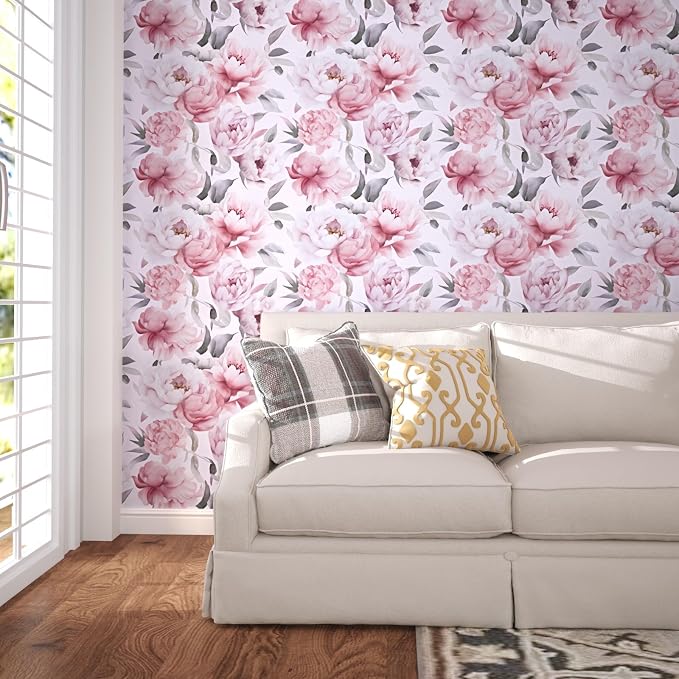 Light Large Floral Peel and Stick Wallpaper 17.5" x 118",Pink/White | Self Adhesive/Removable/Waterproof/Thick Vinyl Contact Paper for Bathroom Bedroom Shelf Cabinet Drawer,Prepasted,Easy Peel