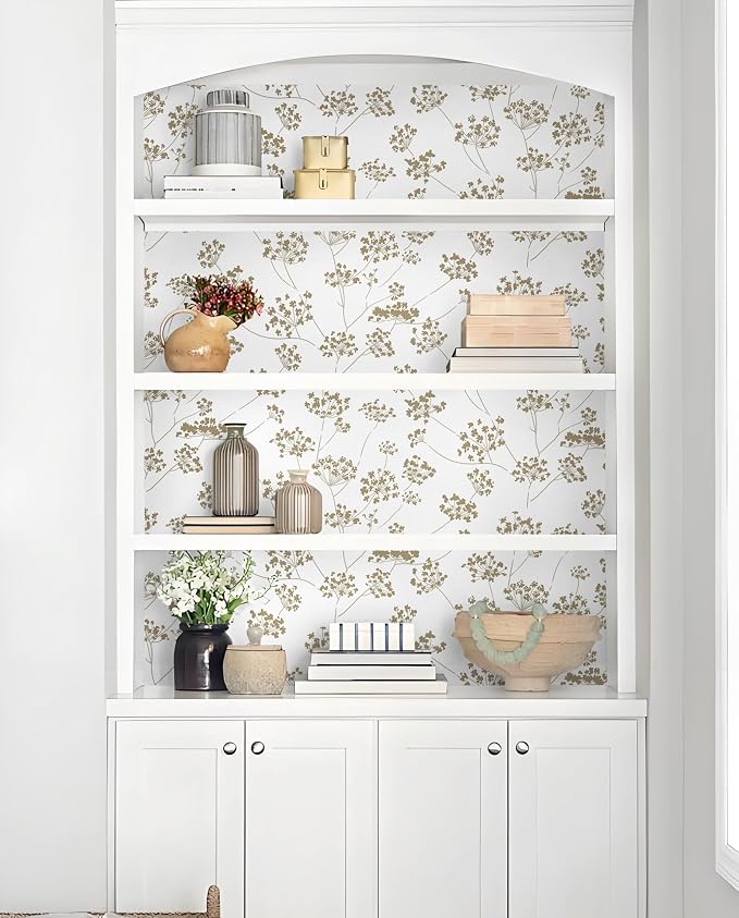 Hopepak Floral Peel and Stick Wallpaper Beige Contact Paper for Bedroom Leaf Removable Self Adhesive Wall Paper for Bathroom Modern Wallpaper for Walls Cabinets Shelf Liner Vinyl 17.3" x 78.7"
