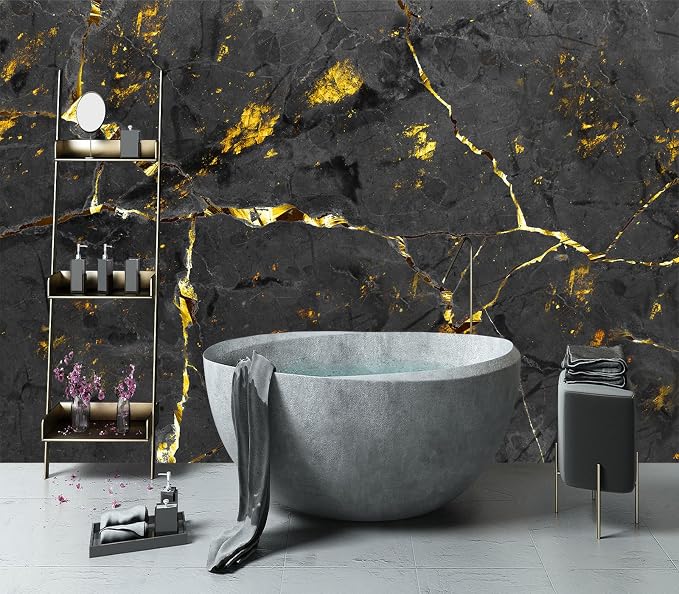 YIHWM-Peel and Stick Black and Gold Marbled Wallpaper Abstraction Art Mural | Tear-resistant,with a substantial feel;Will not be damaged during repositioning.Bathroom,Bedroom wallpaper.M-118"x85"