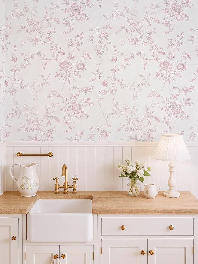 Ismoon Floral Peel and Stick Wallpaper Vintage Pink Wall Paper French Textured Contact Paper Removable Self Adhesive Wallpaper for Bedroom Vinyl Roll Renter Friendly 17.3in×9.84 ft