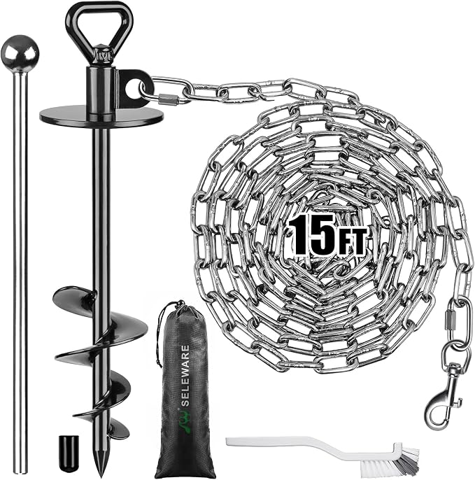 SELEWARE Dog Tie Out Stake, Dog Anchor with 15FT Stainless Steel Dog Chain | 15" Long Anti-Rust Heavy Duty Dog Stake for Large Dogs up to 100 lbs, Easy Install with Twist Rod for Yard, Camping Outside