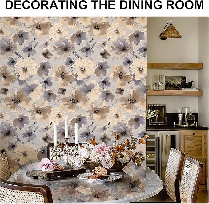 Purple Watercolor Floral Peel and Stick Wallpaper, 393" x 17.3" Vintage Removable Waterproof Self Adhesive Wall Paper, Brown Flower Contact Paper Peel and Stick for Classroom Cabinets 48.5 sq.ft