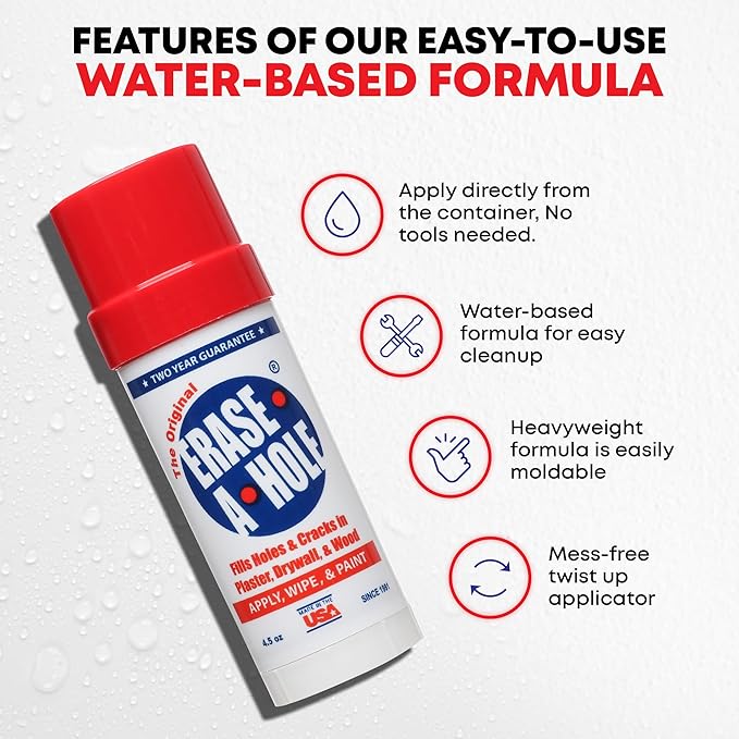 Erase-A-Hole Wall Repair Stick – Quick-Dry Nail & Screw Hole Filler for Drywall, Wood & Plaster – No Sand Spackle Alternative, Paintable Putty, 4.5 oz