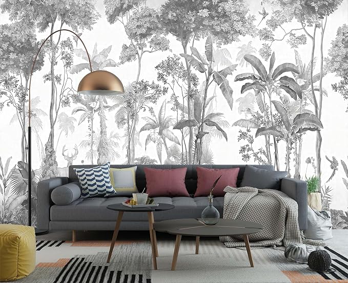 YIHWM-Peel and Stick Tropical Rainforest Wallpaper Grey Jungle Plants Mural | Tear-resistant,with a substantial feel;Will not be damaged during repositioning.Bathroom,Bedroom wallpaper.L-137"x96"