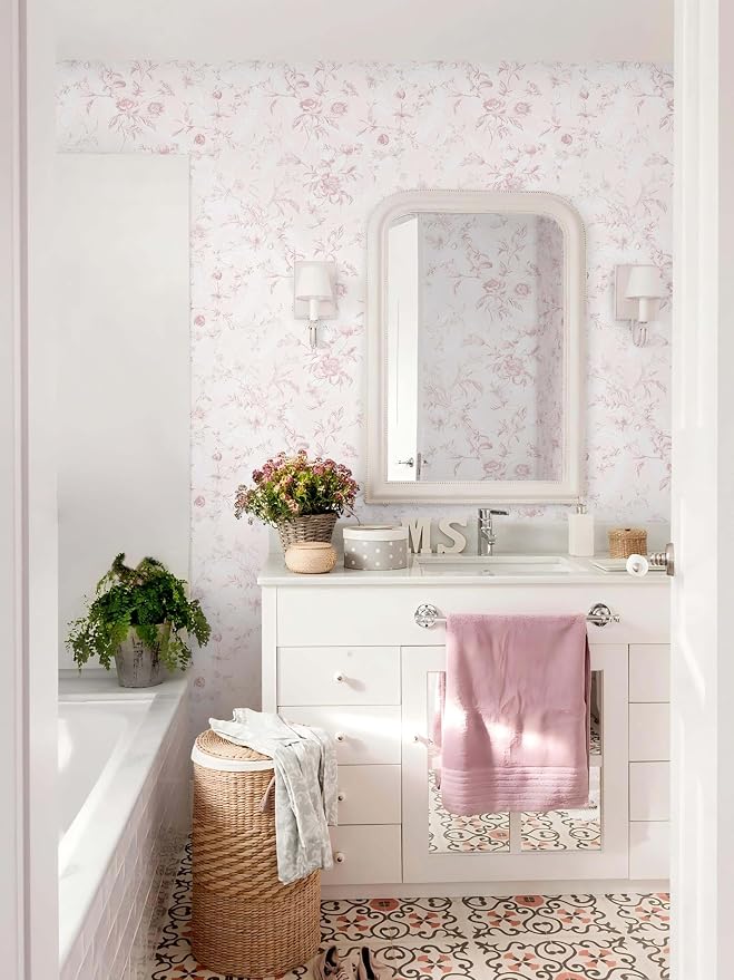 Ismoon Floral Wallpaper Peel and Stick Pink Stick on Wall Paper Vintage French Contact Paper for Cabinet Textured Removable Self Adhesive Wallpaper Vinyl Roll Shelf Deco, 17.3x787in