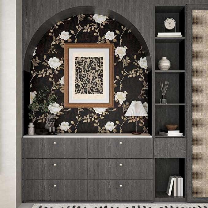 Vintage Dark Black Golden Floral Wallpaper Peel and Stick 17.5"x787" | Self Adhesive/Removable/Waterproof/Thick Vinyl Extra Long Contact Paper for Bathroom Bedroom Shelf Cabinet Drawer,Prepasted