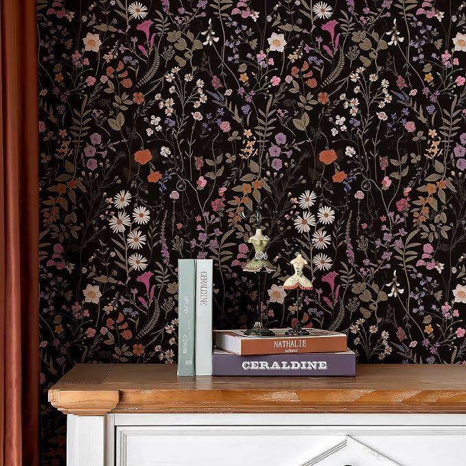 JiffDiff Floral Wallpaper Peel and Stick- Farm Wildwood Daisy Flower Stick on Wallpaper Dark Floral Self Adhesive Contact Paper (17.3" x 118", Timeless)