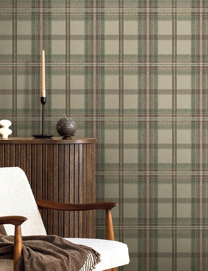 NextWall Harry & Grace Herringbone Plaid Premium Matte Non-Woven Peel and Stick Wallpaper (Clay & Sage)