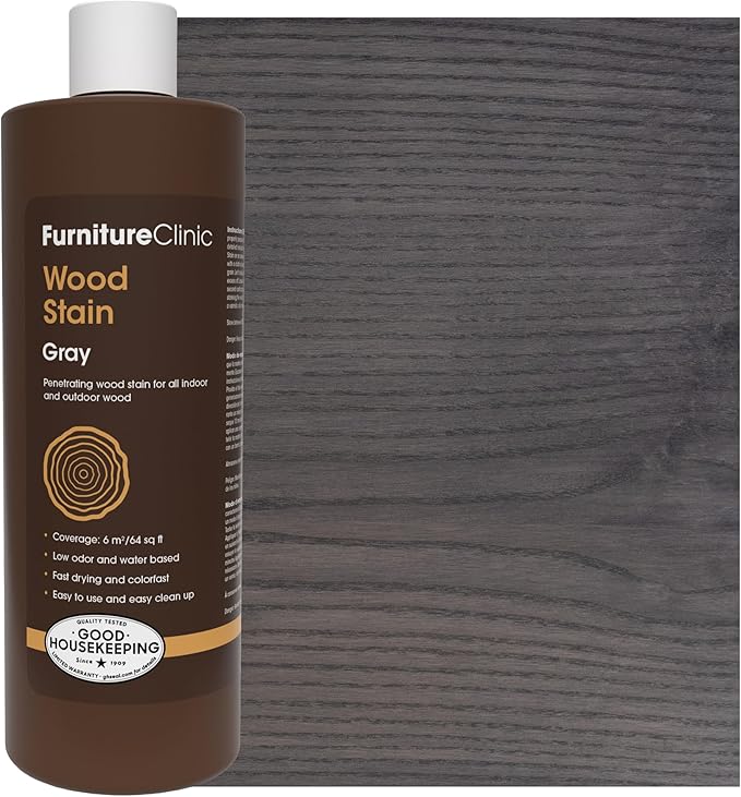 Furniture Clinic Wood Stain | Grey | Water Based | Fast Drying, Low Odor, & Non-Toxic | for Indoor & Outdoor Furniture and More | Multiple Finishes | (17oz / 500ml)