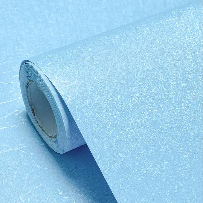 Cohoo Home Blue Peel and Stick Wallpaper Silk Solid Light Blue Contact Paper for Walls Embossed Textured Self-Adhesive Removable Wallpaper Bedroom Bathroom Waterproof Drawer Liner 15.7inW 118inL