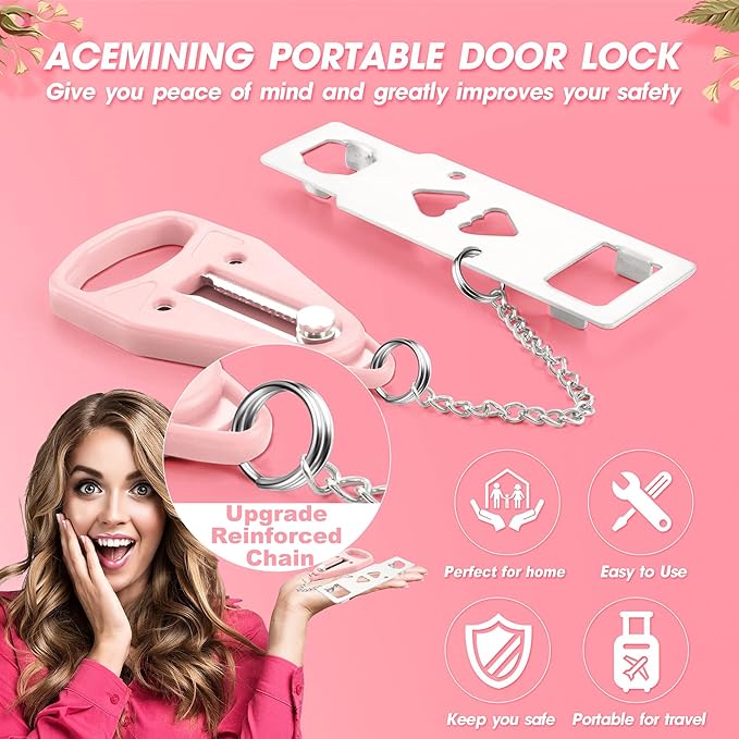AceMining Portable Security Door Locker Travel Lockdown Locks for Additional Safety and Privacy Perfect for Traveling Hotel Home Apartment College-Pink(2 Pack)
