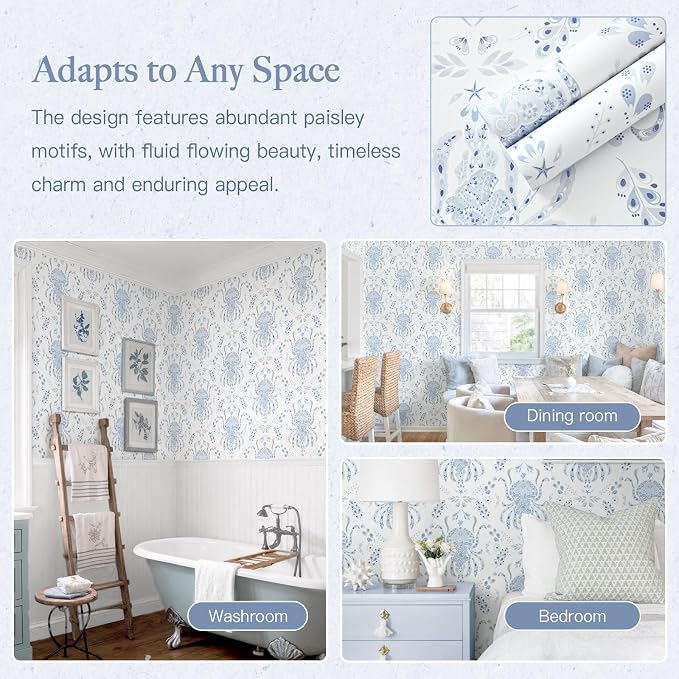 Dimoon Blue Peel and Stick Wallpaper Coastal Contact Paper Bathroom Ocean Beach Wallpaper Boho Jellyfish Renter Friendly Nautical Waterproof for Nursery Kitchen Bedroom Vinyl 17.3''x360''