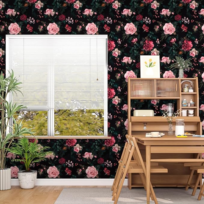 Fvlow Pink Rose Floral Peel and Stick Wallpaper 17.4" x 118" | Renter Friendly, Removable & Waterproof, Vinyl Easy Install for Bedrooms, Bathrooms, Kitchens, Cabinets and Home Decor