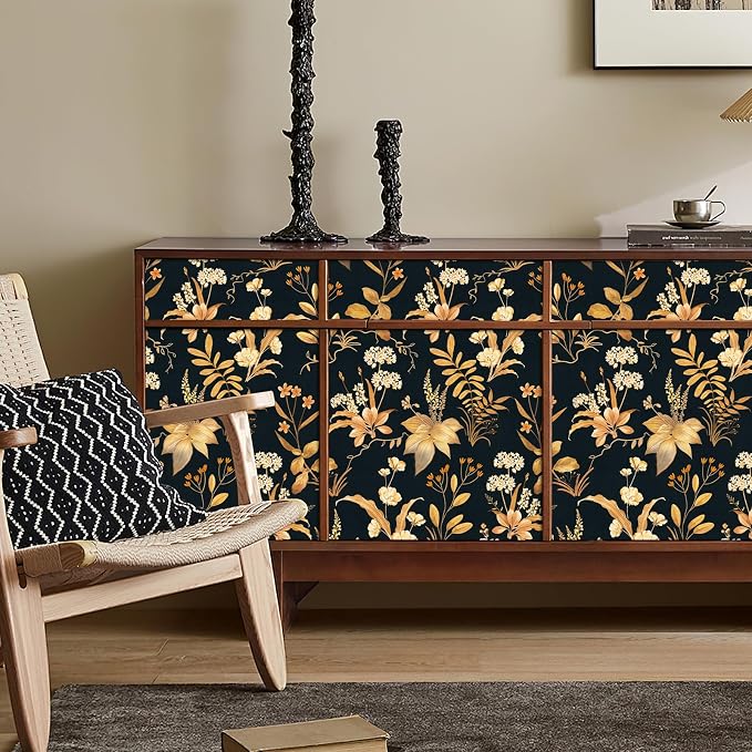 Simon&Siff Vintage Floral Peel and Stick Wallpaper 17.3" x 480" | Black Gold Botanical Contact Paper, Removable Wall Paper, Renter Friendly, for Cabinets, Furniture, DIY Decor