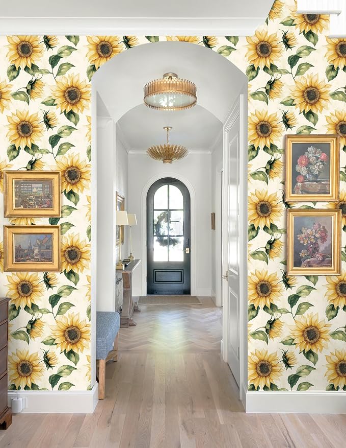 Yasinet Sunflower Peel and Stick Wallpaper Boho Floral Wallpaper Vintage Contact Paper for Bedroom Cabinets Farmhouse Waterproof Removable Self-Adhesive Wall Paper for Wall Vinyl 17.3''× 196.8''