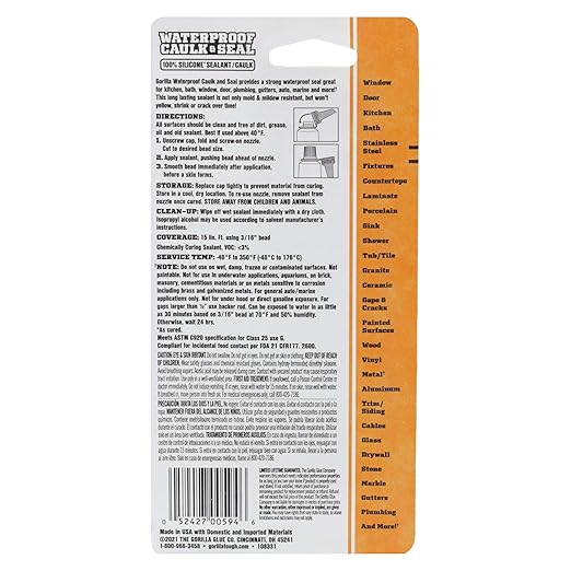 Gorilla 100% Silicone Caulk, Waterproof Sealant, 2.8oz Squeeze Tube (Pack of 2) – White -10 Year Mold Resistant Kitchen, Window, Bath, Marine, Door and More
