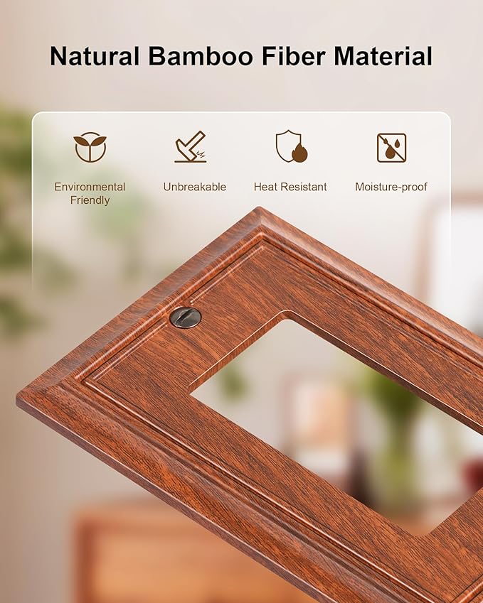 4-Pack Decorator Outlet Cover Plate, Wood Grain Decorative Switch Plates and Outlet Covers, Durable Natural Bamboo Fiber Wall Plates for Electrical Outlets, Receptacle, GFCI Outlet, Dimmer Switch