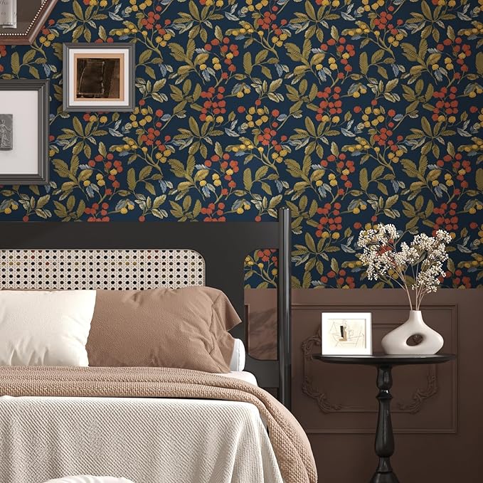 Navy Floral Leaf Vintage Green Wallpaper Peel and Stick 17.5"x393.7" | Self Adhesive/Removable/Waterproof/Thick Vinyl Contact Paper for Bathroom Bedroom Shelf Cabinet Drawer,Prepasted,Easy Peel