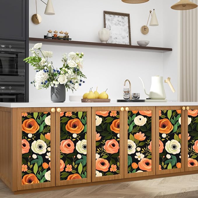 Danodoi Orange Green Vintage Floral Peel and Stick Wallpaper 17.5" x 118" | Waterproof Vinyl Self Adhesive Removable Renter Friendly Floral Contact Paper