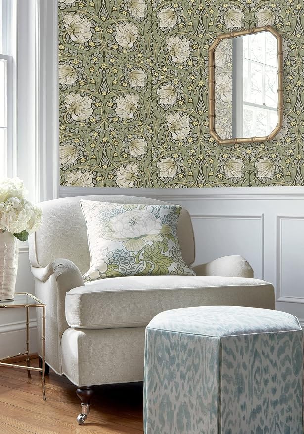 HAOKHOME Vintage Floral Wallpaper Peel and Stick Botanical Sage Green/Yellow Wall Murals Home Kitchen Bedroom Decor by William Morris 17.3in x 9.8ft