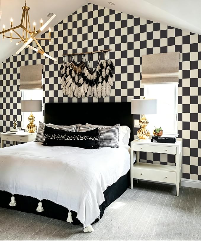 Yasinet Checkered Wallpaper Black and White Cream Peel and Stick Wallpaper Plaid Retro Contact Paper Bedroom Removable Self Adhesive Wall Paper Waterproof Bathroom Vinyl 17.3" × 393.7“