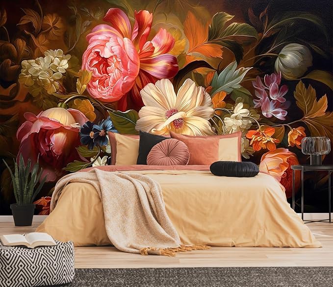 Toolhom Hand-Painted Watercolor Rose Peony Leaves Flower Mural | 149"x96" non-self-adhesive assorted colors flower wallpaper , can be affixed to the living room bedroom walls
