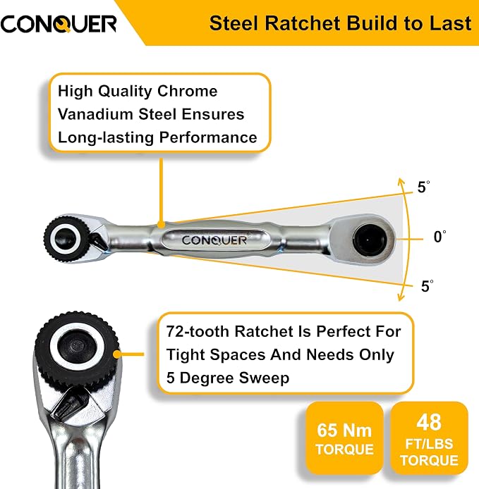 CONQUER 1/4" Mini Ratchet Wrench Low Profile Dual Head | Socket/Bit Driver, 72-Tooth, 5° Swing Arc, Ultra-Low Back Drag, Quick-Release Button; For Tight Engine Bays & EDC Kits