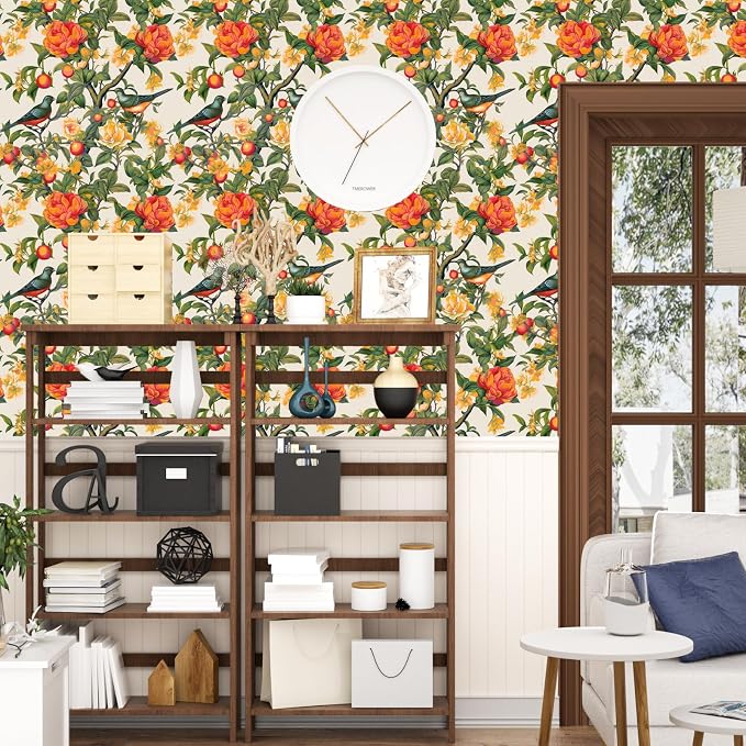 Danodoi Orange Vintage Bird and Stick Wallpaper 17.5" x 393" | Waterproof Vinyl Self Adhesive Removable Renter Friendly Floral Contact Paper
