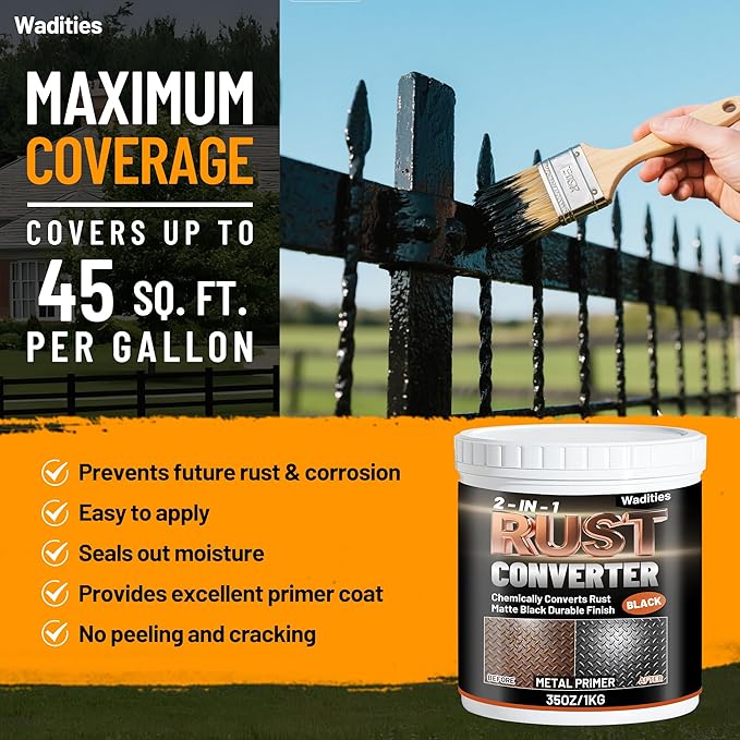 2-in-1 Rust Converter & Metal Primer, 35oz Matte Black Rust Inhibitor Paint for Metal, Ultra Automotive Rust Reformer & Seal, Heat Resistance Trailer Paint for Chassis, Frame, Marine, Industrial
