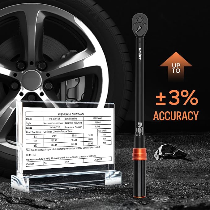 Kerry 1/2 Inch Drive Torque Wrench, 20-260 ft-lb/27.1-352.5 Nm, 20" Handle | ±3% Accuracy, Dual Scale, 72-Tooth Reversible Ratchet, Quick Release and Locking Adjustment with Case for Automotive, Trucks