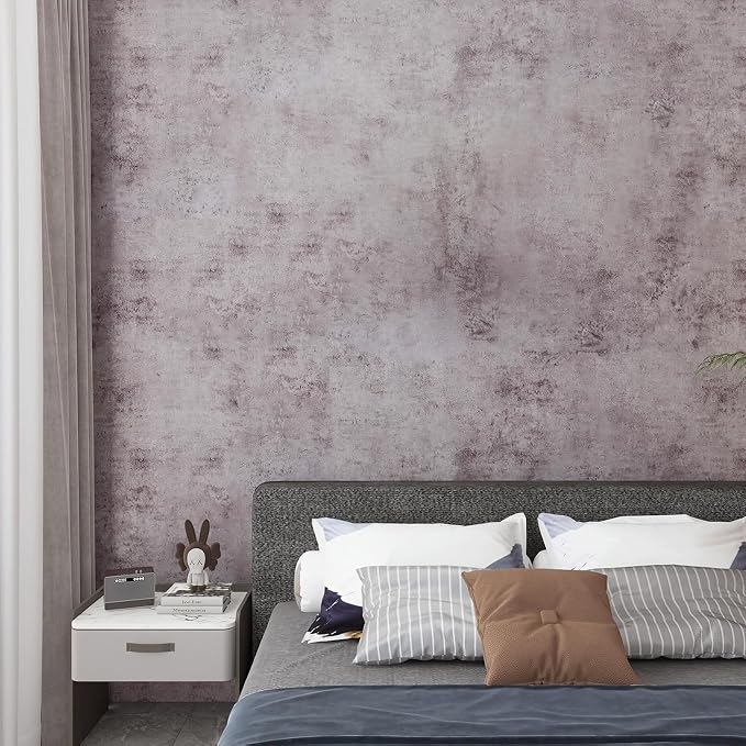 BOMENG Extra Wide Purple Cement Industrial Wallpaper 48"x118" Concrete Peel and Stick Silver Metallic Wall Paper，Extra Wide Contact Paper for Countertops、Basement，Hotel Lobby, Living Room, Bar
