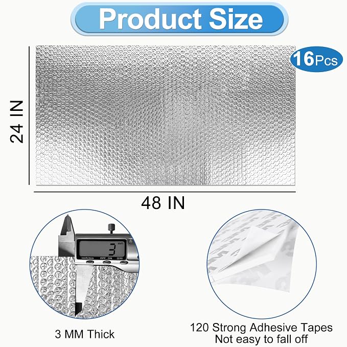 Garage Door Insulation Kit 16P Double Bubble Window Heat Insulation Panels, 3MM 16x8FT Reflective Aluminum Foil Summer/Winter Barrier Insulation Sheets with 120 Tapes for Garage Attic Wall(24x48)