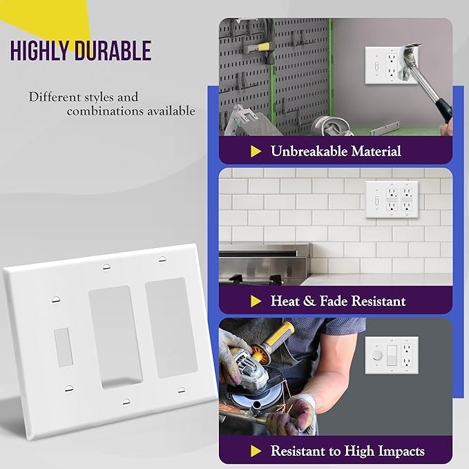 ENERLITES Combination Single Toggle/Double Decorator Rocker Outlet Wall Plate, Standard Size 3-Gang Light Switch Cover (4.5" x 6.38"), Polycarbonate Thermoplastic, UL Listed, 881132-W, White