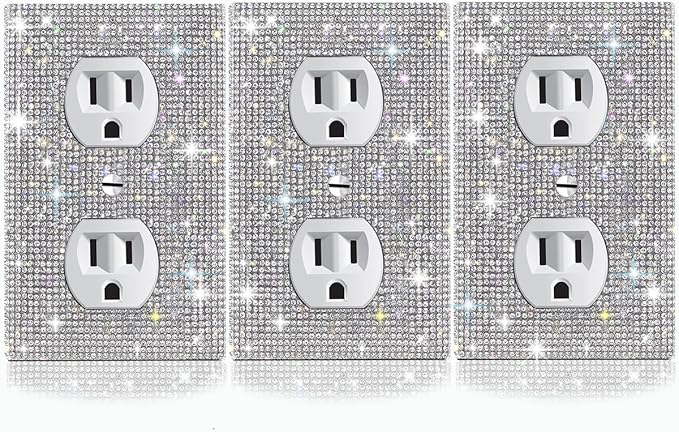 3 PC Shiny Silver Rhinestones Outlet Covers Wall Plates Light Switch Cover Plate Outlet Cover Rhinestones Outlet Plate Decoration Wall Electrical Outlet Cover Plates