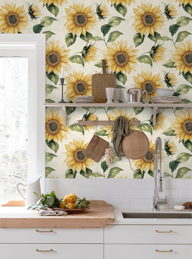 Yasinet Sunflower Peel and Stick Wallpaper Boho Floral Wallpaper Yellow Vintage Contact Paper for Bedroom Cabinets Farmhouse Waterproof Removable Self-adhesive Wall Paper for Wall Vinyl 17.3" x 393.7"