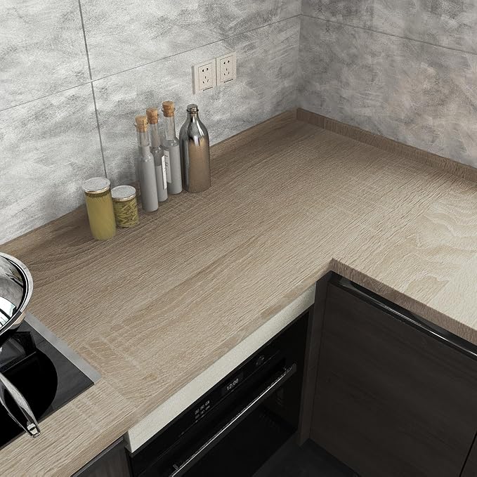 Boobest Light Brown Wood Wallpaper Peel and Stick Wood Grain Contact Paper | Waterproof Removable Kitchen Cabinet Wallpaper 15.74"x 118" Wooden Vinyl Wrap Cabinet Covers Grey Oak Wooden Contact Paper