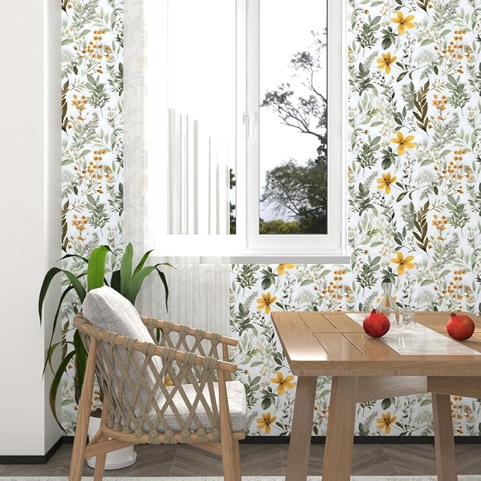 Wallpaper Peel and Stick Green Leaf, Vintage Yellow Floral Contact Paper 17.5" x 393.7", Botanical Wall Paper Self Adhesive Removable Waterproof for Bathroom Shelf Cabinet Drawer Table Decor