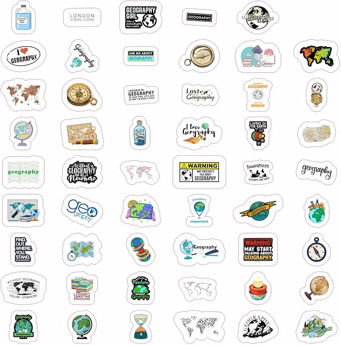 BulbaCraft 100Pcs Geography Stickers for Water Bottle and Laptop - Geography Party Supplies & Decorations, Waterproof Vinyl Decals, Maps and Landmarks Stickers, Gifts for Women & Men